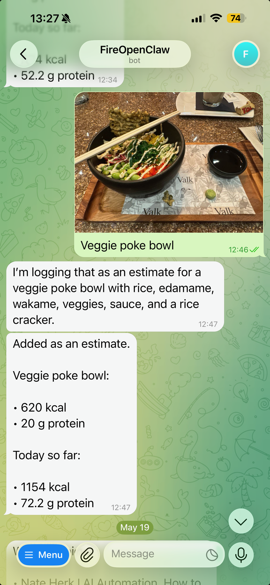 OpenClaw calorie tracker screenshot